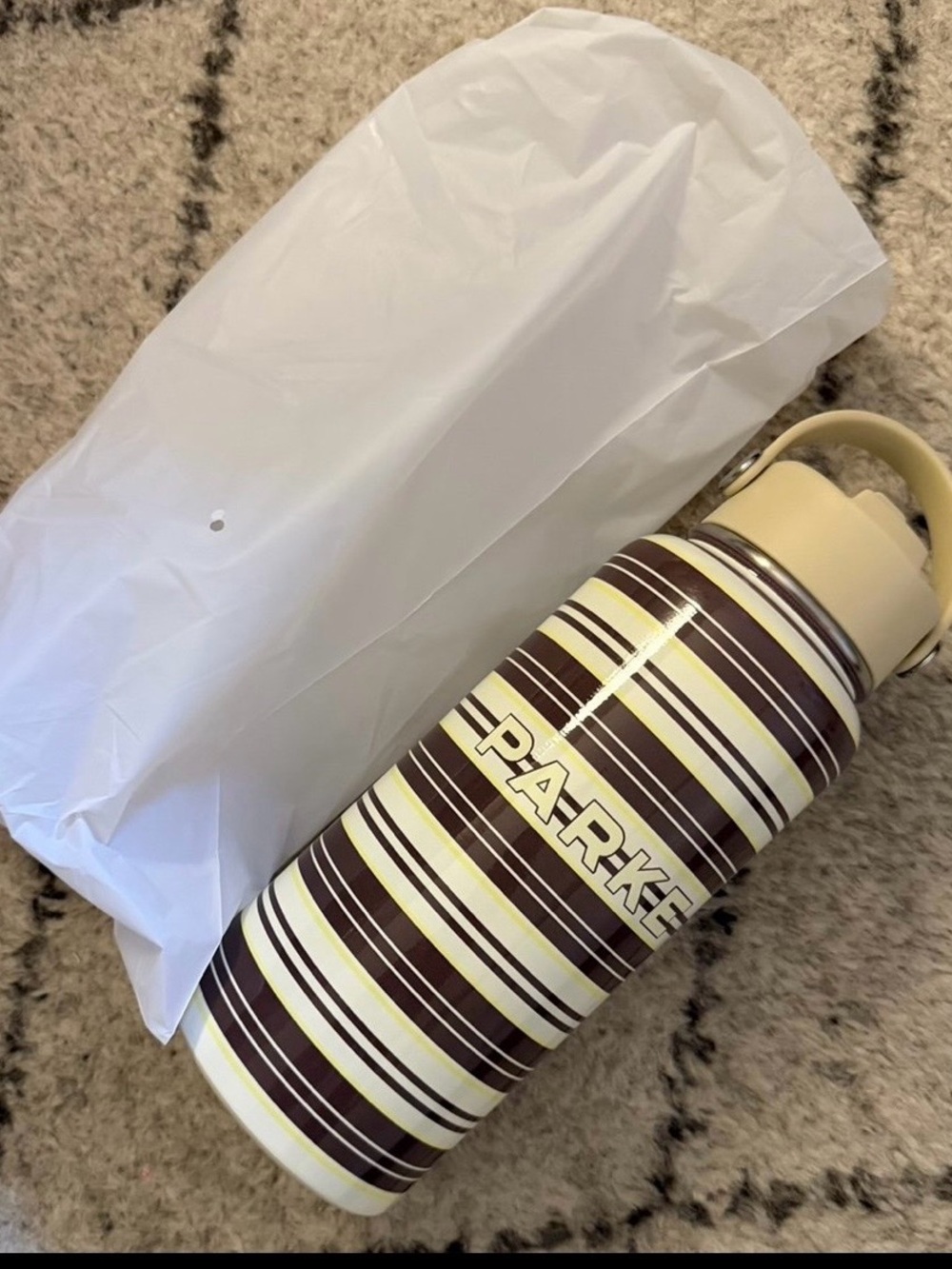 New Parke Pop Up NYC New York Striped Insulated Water Bottle in Cream and Brown